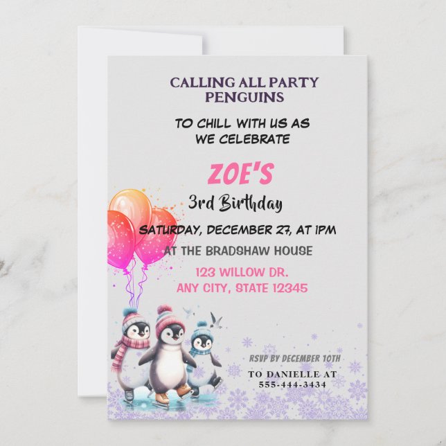 Purple Penguins Ice-skating Birthday Invitation (Front)