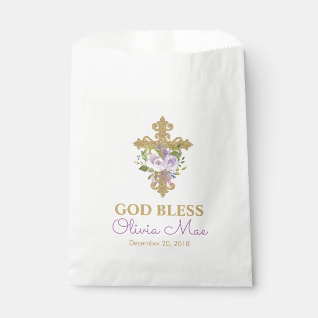 Purple Peonies Baptism Favor Bags (Front)