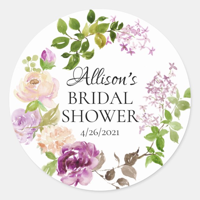 Purple Peonies Bridal Shower Favor Classic Round Sticker (Front)