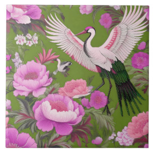 Purple peonies & Crane on Olive Green Chinoiserie  Ceramic Tile