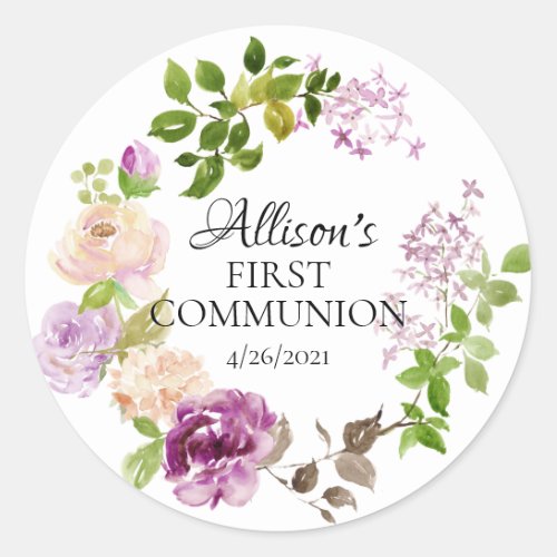 Purple Peonies First Communion Favor Classic Round Sticker