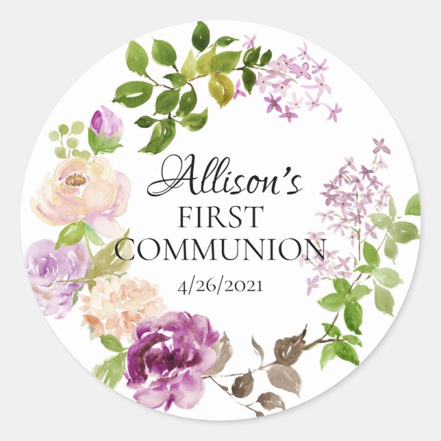 Purple Peonies First Communion Favor Classic Round Sticker (Front)
