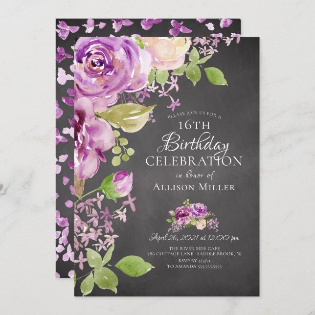 Purple Peonies Floral 16th Birthday  Invitation (Front/Back)