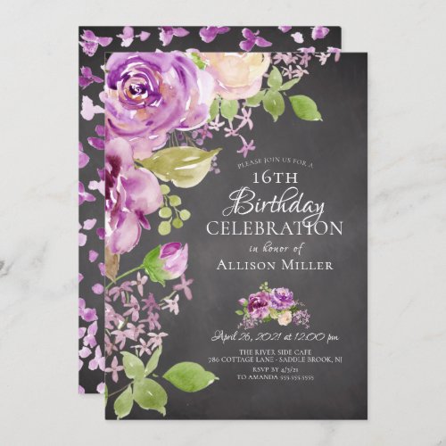 Purple Peonies Floral 16th Birthday  Invitation