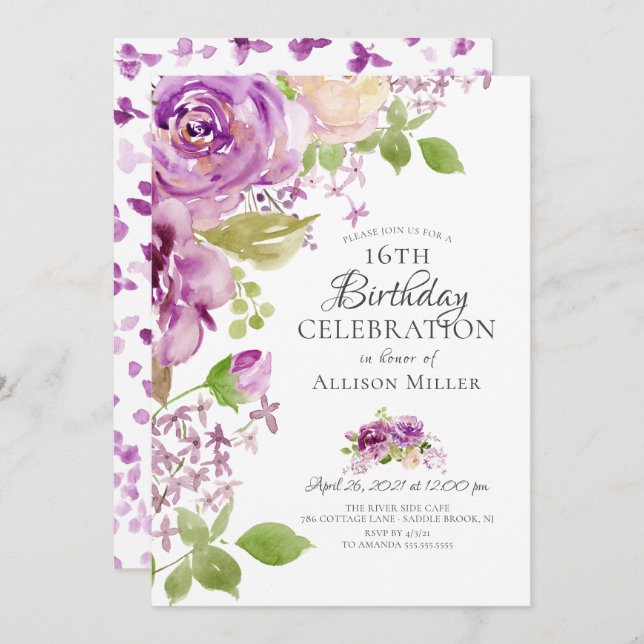 Purple Peonies Floral 16th Birthday  Invitation (Front/Back)