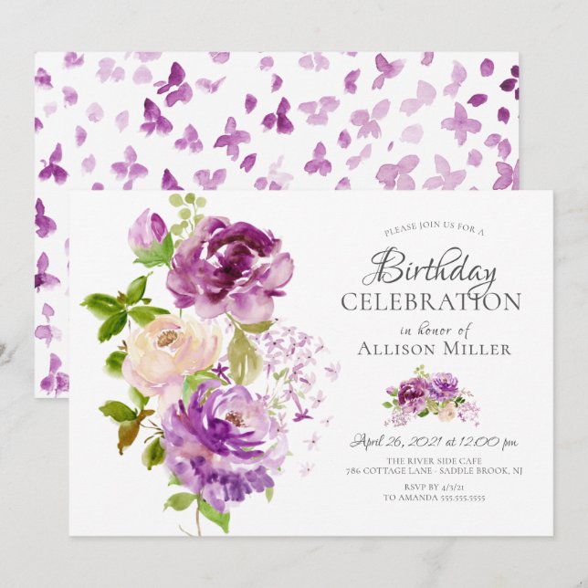 Purple Peonies Floral Birthday  Invitation (Front/Back)