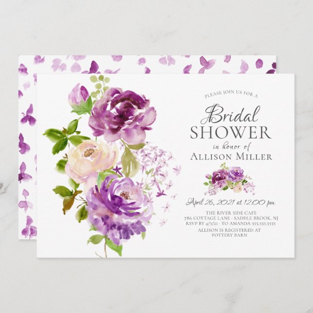 Purple Peonies Floral Bridal Shower Invitation (Front/Back)