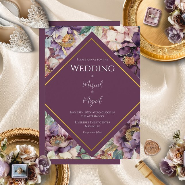 Purple Peonies Floral Modern Wedding Invitation (Creator Uploaded)