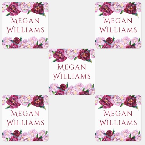 Purple Peonies Floral Personalized Name Clothing Labels