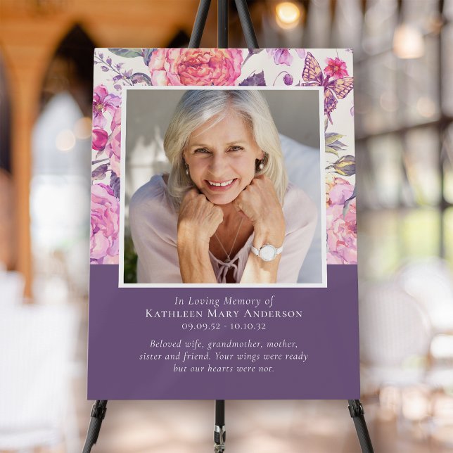 Purple Peonies Floral Photo Funeral Memorial Board (Creator Uploaded)