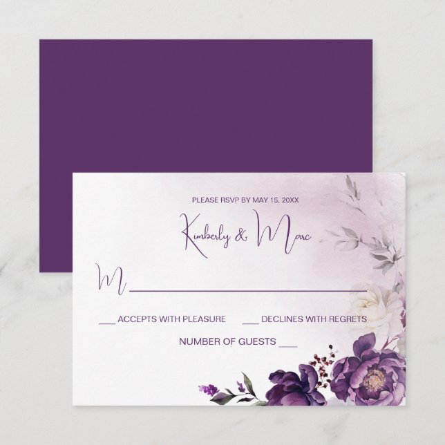 Purple Peonies Floral Wedding RSVP Invitation (Front/Back)
