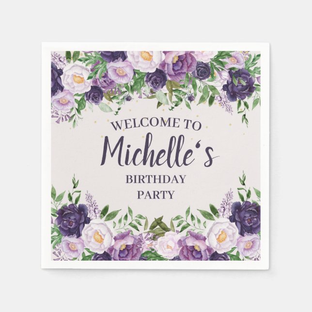 Purple Peonies Floral Women's Birthday Welcome  Napkins (Front)