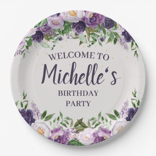 Purple Peonies Floral Womens Birthday Welcome   Paper Plates