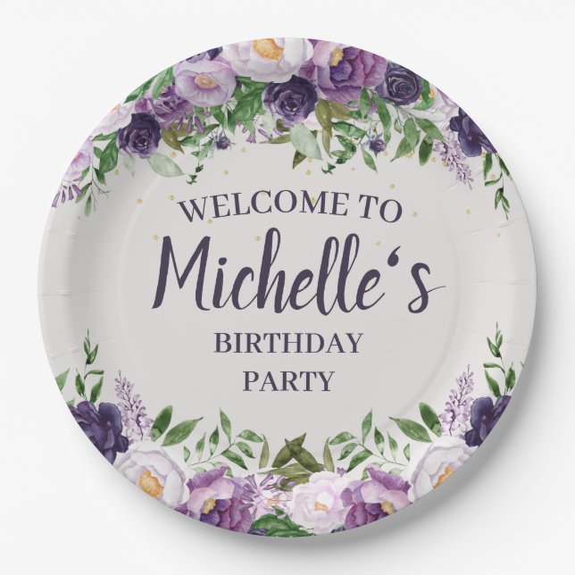 Purple Peonies Floral Women's Birthday Welcome   Paper Plates (Front)