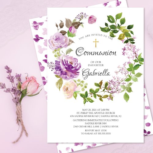 Purple Peonies Floral Wreath Communion Invitation