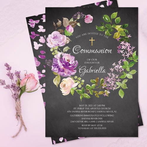 Purple Peonies Floral Wreath Communion Invitation