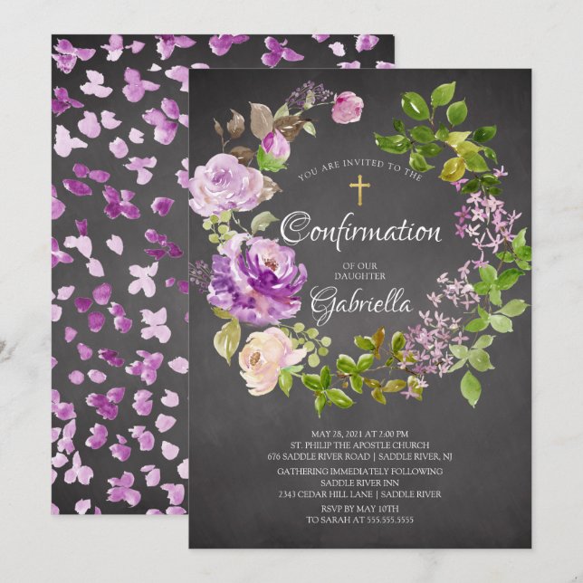 Purple Peonies Floral Wreath Confirmation Invitation (Front/Back)