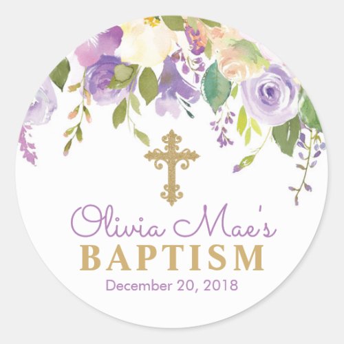 Purple Peonies Girl Baptism Favor Tag Stickers
