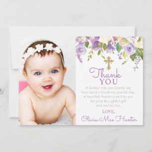 Purple Peonies Girl Baptism Photo Thank You Card