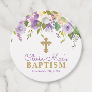 Purple Peonies Girl Baptism Purple & Gold Favor Tags