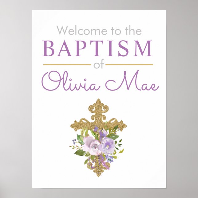 Purple Peonies Girl Baptism Welcome Poster (Front)