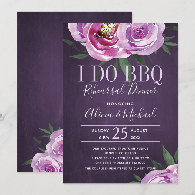 Purple peonies i do bbq wedding rehearsal dinner invitation (Front/Back)
