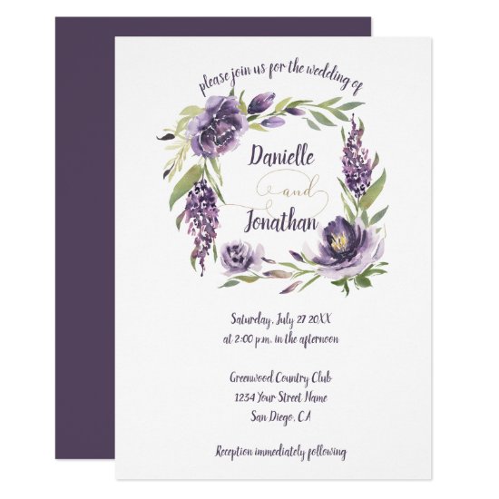 Purple Peonies, Lilacs, Greenery Wreath Wedding Invitation