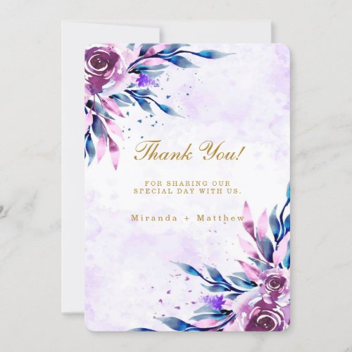 Purple Peonies Summer Gold Wedding Thank You Cards