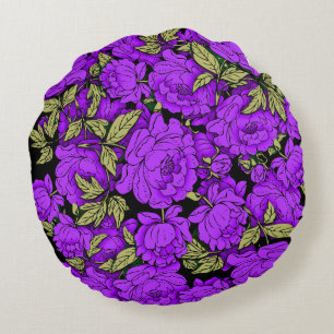 Purple Peonies with Gold Leaves Round Pillow