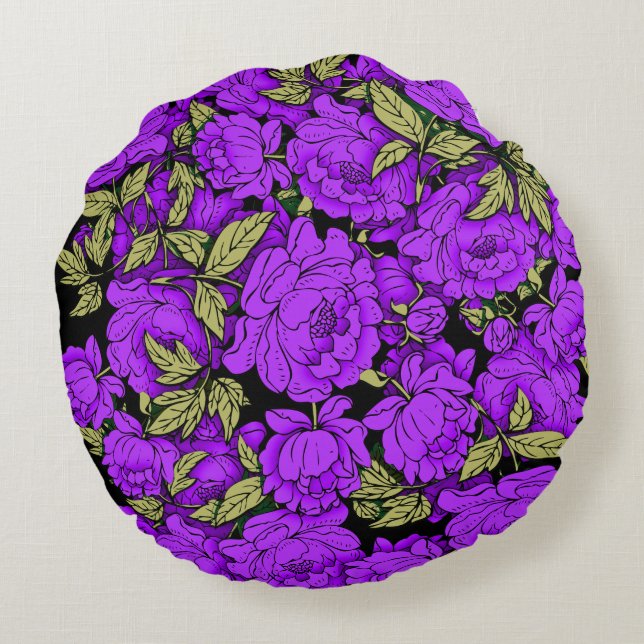 Purple Peonies with Gold Leaves Round Pillow (Back)