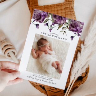 Purple Peony Baby Photo Birth Announcement