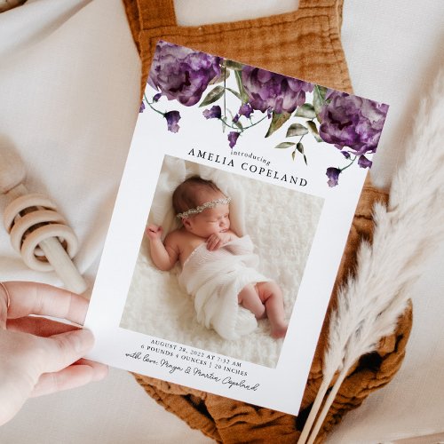 Purple Peony Baby Photo Birth Announcement