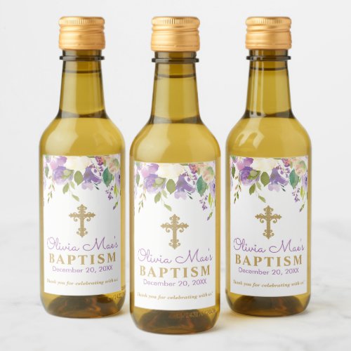 Purple Peony Baptism Mini Wine Bottle Labels