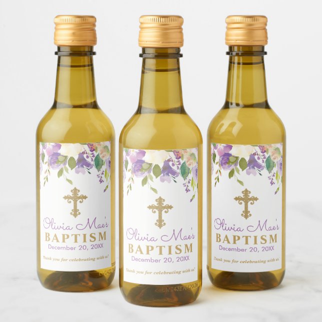 Purple Peony Baptism Mini Wine Bottle Labels (Bottles)