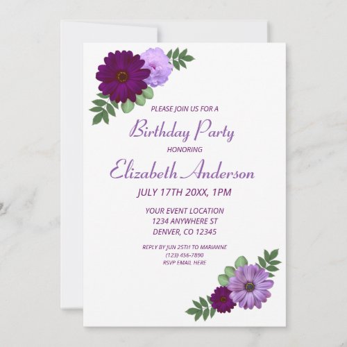 Purple Peony Floral Birthday Party Invitation