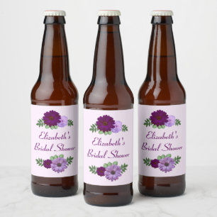 Purple Peony Floral Bridal Shower Beer Bottle Label