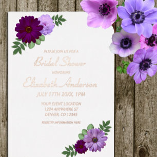 Purple Peony Floral Bridal Shower Foil Invitation