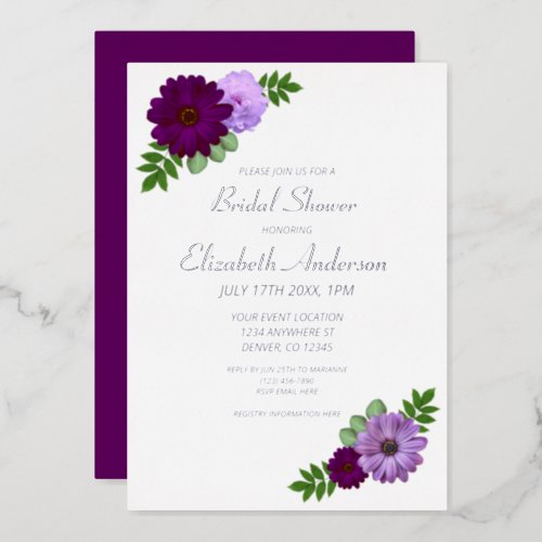 Purple Peony Floral Bridal Shower Foil Invitation