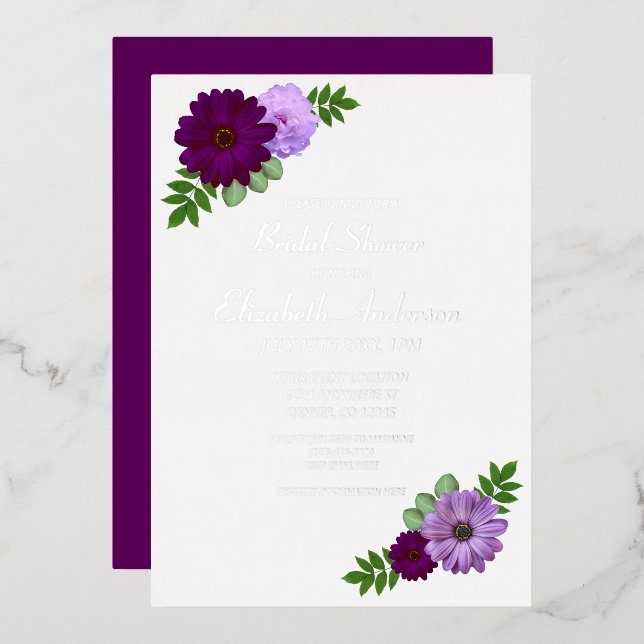Purple Peony Floral Bridal Shower Foil Invitation (Front/Back)