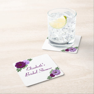 Purple Peony Floral Bridal Shower Square Paper Coaster