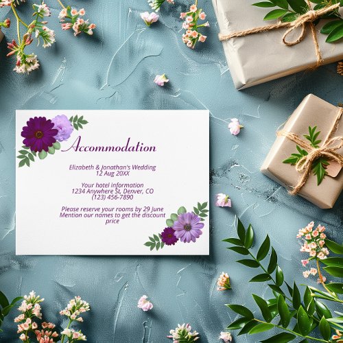Purple Peony Floral Wedding Accommodation Enclosure Card