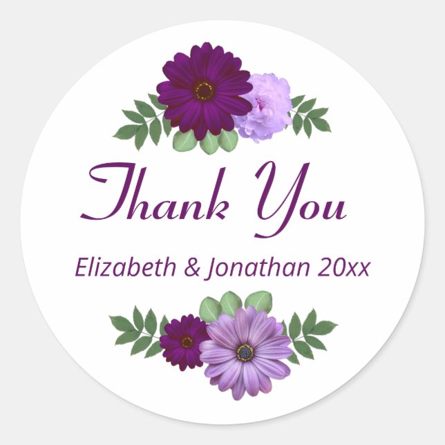 Purple Peony Floral Wedding Classic Round Sticker (Front)