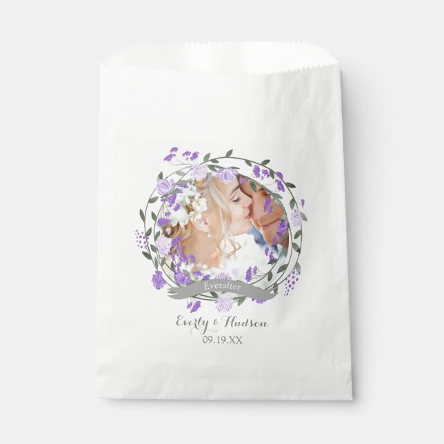 Purple Peony Floral Wreath Wedding Favor Bag (Front)