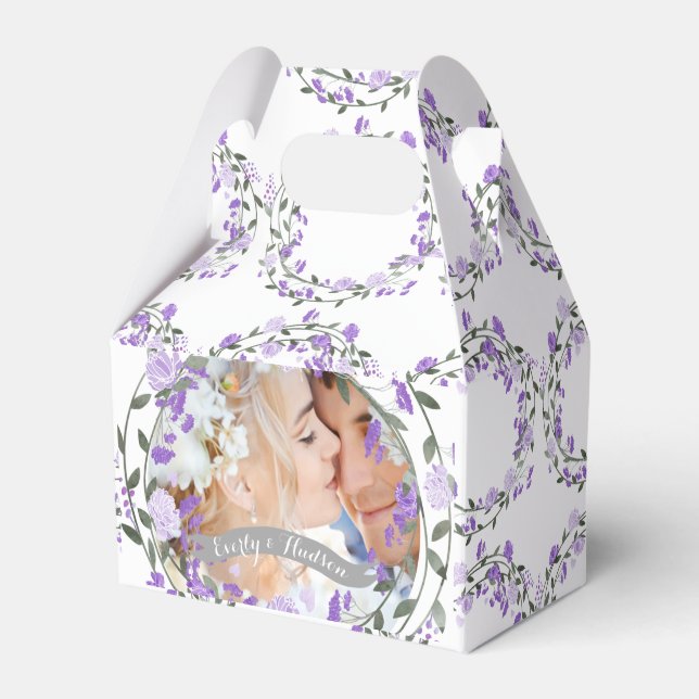 Purple Peony Floral Wreath Wedding Favor Boxes (Front Side)