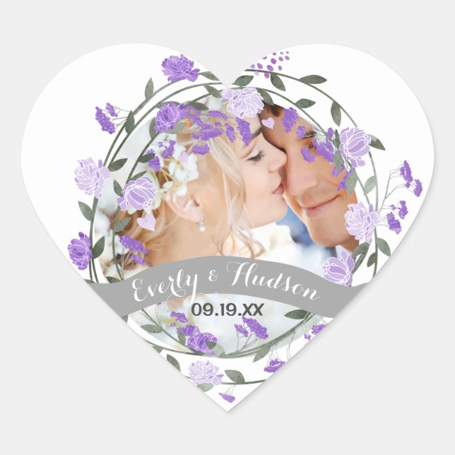 Purple Peony Floral Wreath Wedding Heart Sticker (Front)