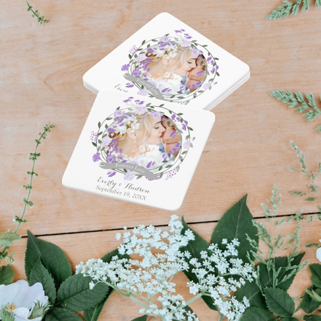 Purple Peony Floral Wreath Wedding Paper Coaster (Creator Uploaded)