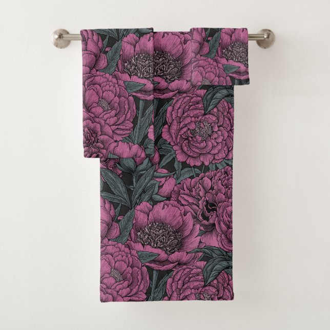 Purple peony flowers bath towel set (Insitu)