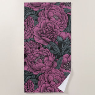 Purple peony flowers beach towel