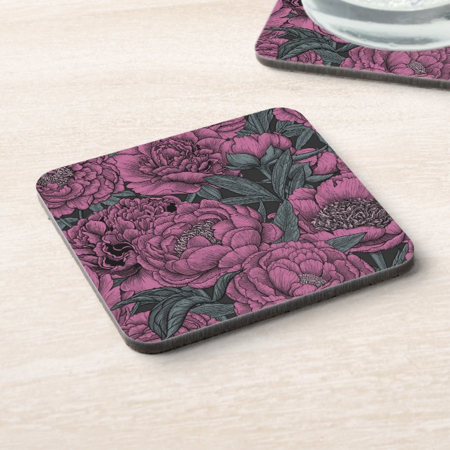 Purple peony flowers beverage coaster (Left Side)