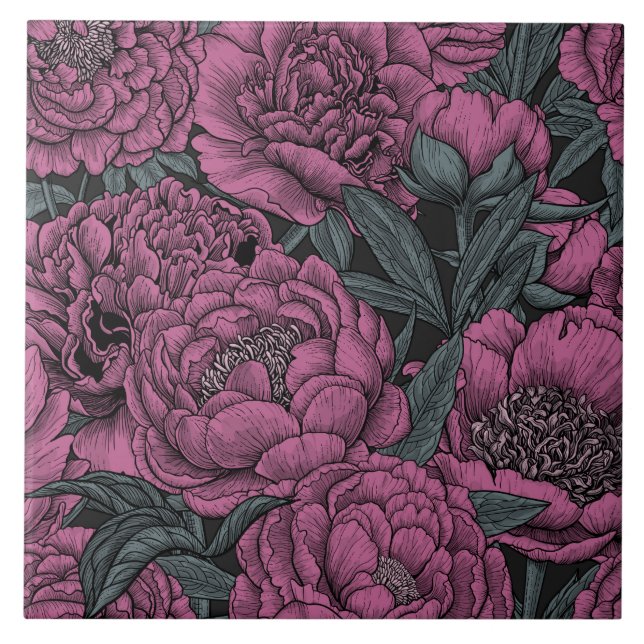 Purple peony flowers ceramic tile (Front)